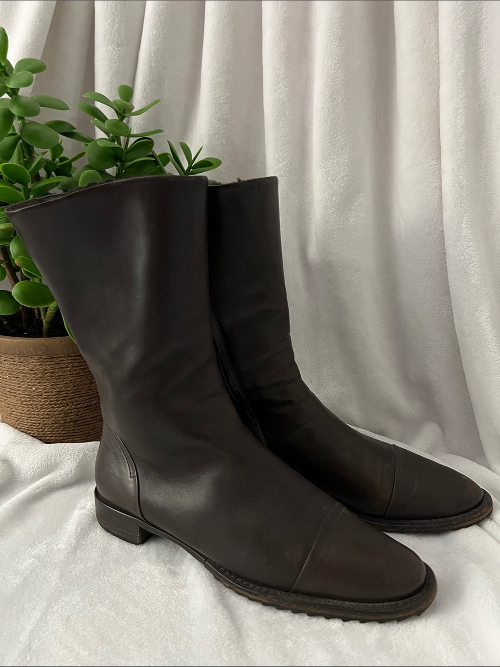 Jil Sander Dark Brown Mid-Calf Leather Heeled Boots